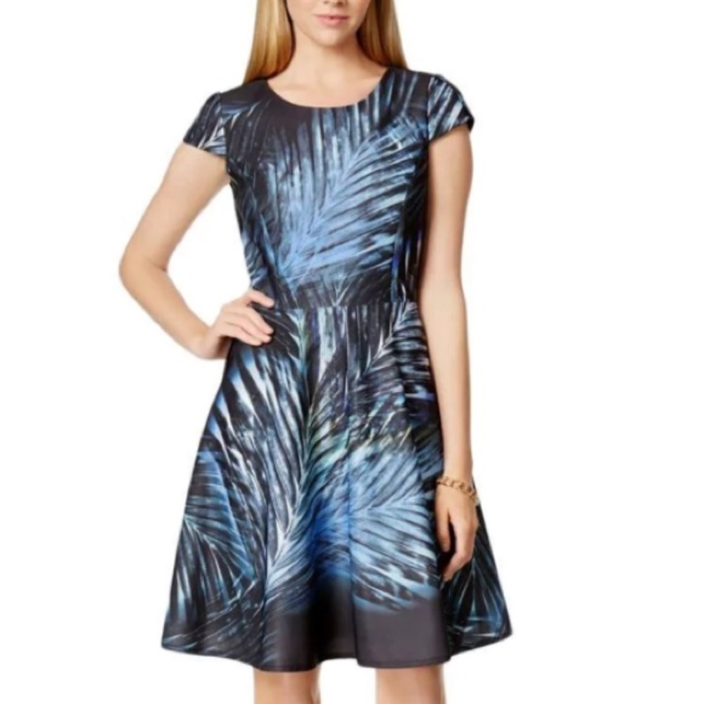 Tahari Dresses Tahari Asl Rena A-Line Dress‎ Black/Blue palm print